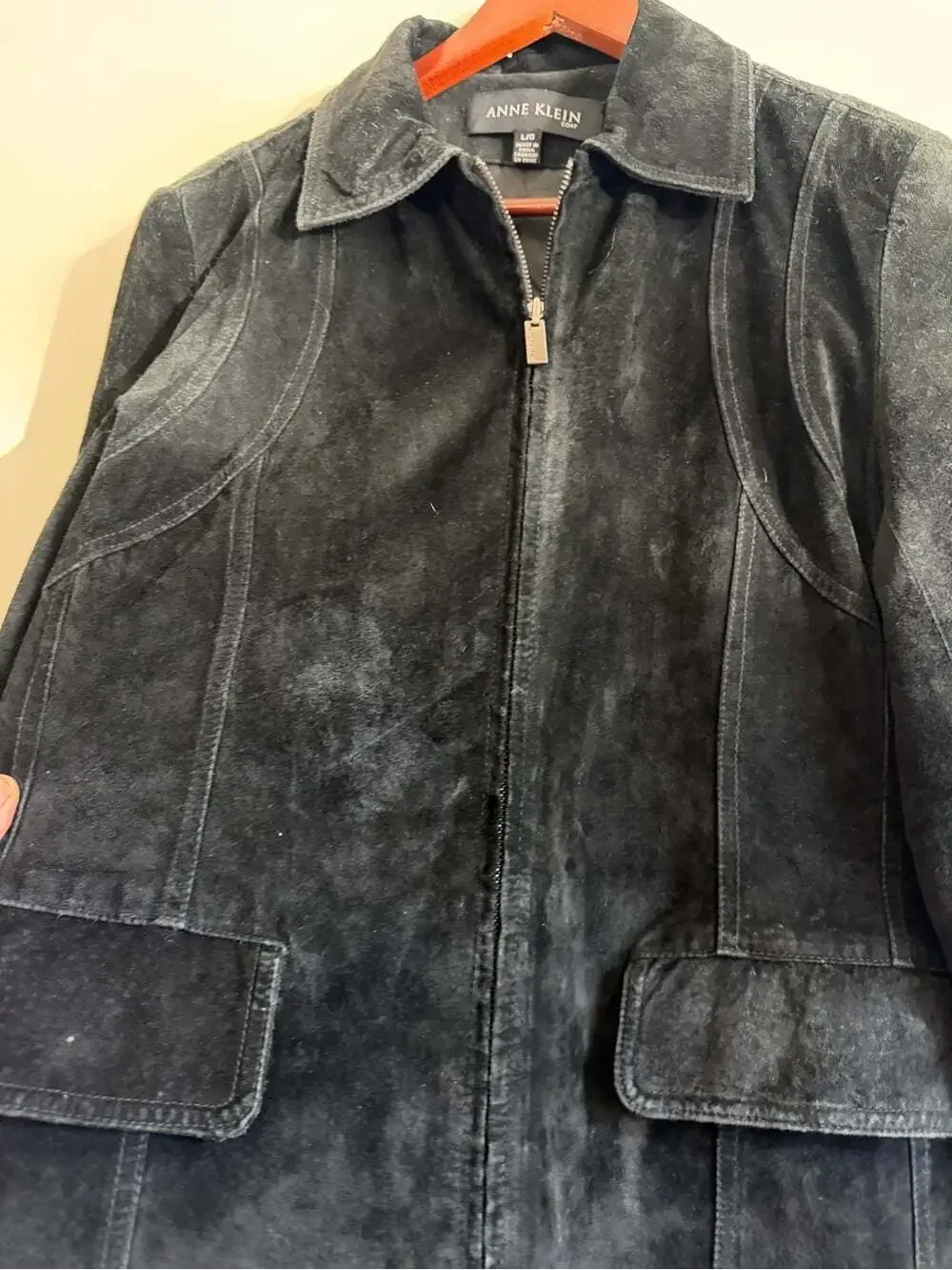 90s Minimalist / Quiet Luxury Anne Klein Black Suede Leather Jacket L